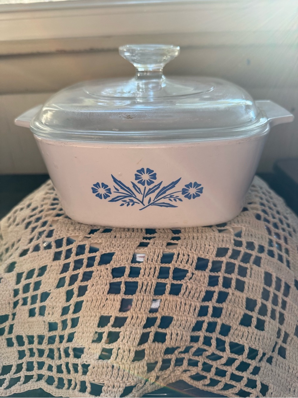 Corningware White Casserole with Blue Floral Motif